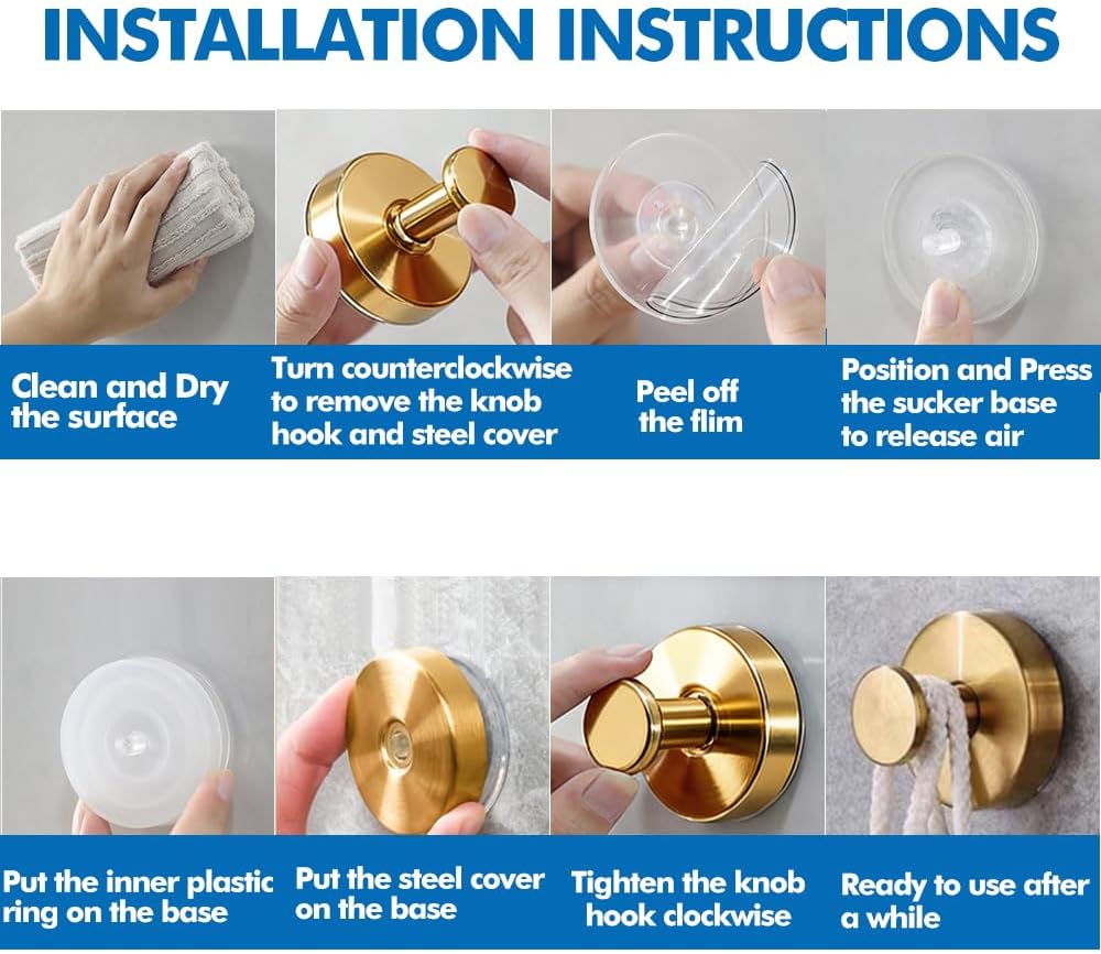 Metal Suction Cup Hooks - No-Drill Shower & Wreath Hangers | 2 Pack in Elegant Gold