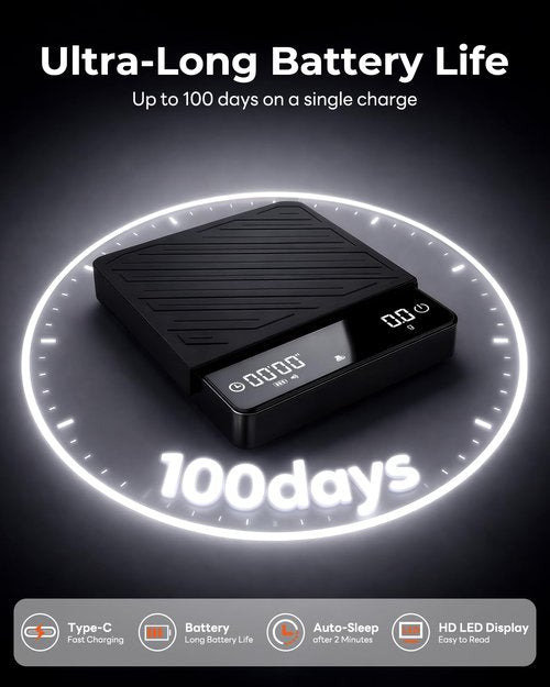 MUVNA Espresso Mini Coffee Scale with Timer & Flow Rate Indicator - 2kg/0.1g Precision Digital Scale with Waterproof Silicone Mat for Pour Over, Coffee Bean Weight, Kitchen, Black