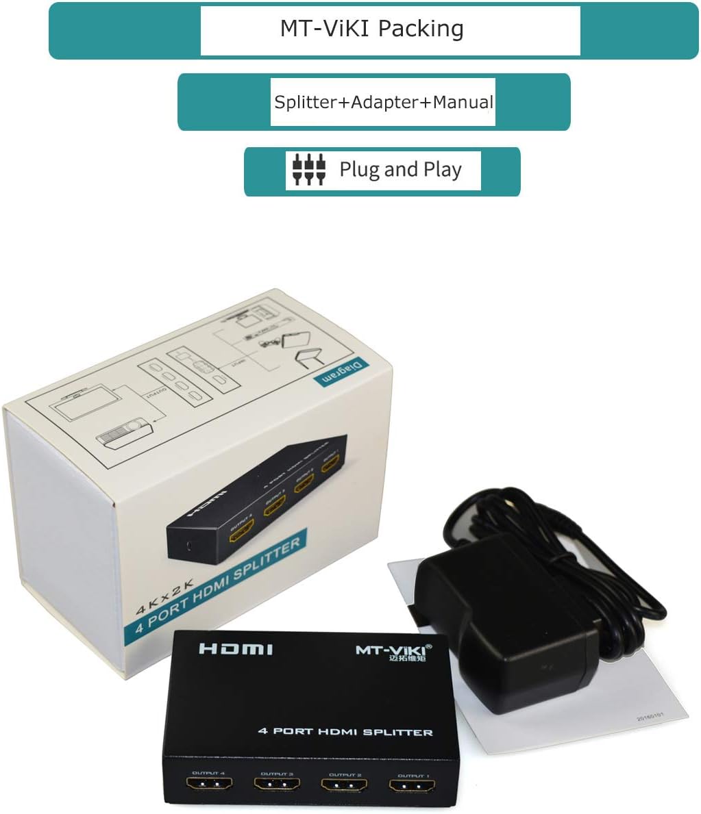 MT-ViKI HDMI Splitter - 1 In 4 Out 4K 30Hz HDMI Distributor for Gaming Consoles & PCs | Power Adapter Included