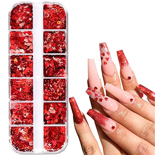 SeBeauty Red Nail Art Glitter Sequins 12-Grid 3D Valentine Charms
