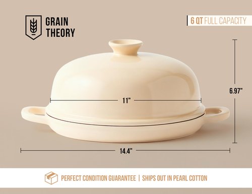 Kook Bread Oven, with Lid and Handles, Enameled Cast Iron Pan and Ceramic Lid, For Baking, Cooking, Roasting and more (Ivory)