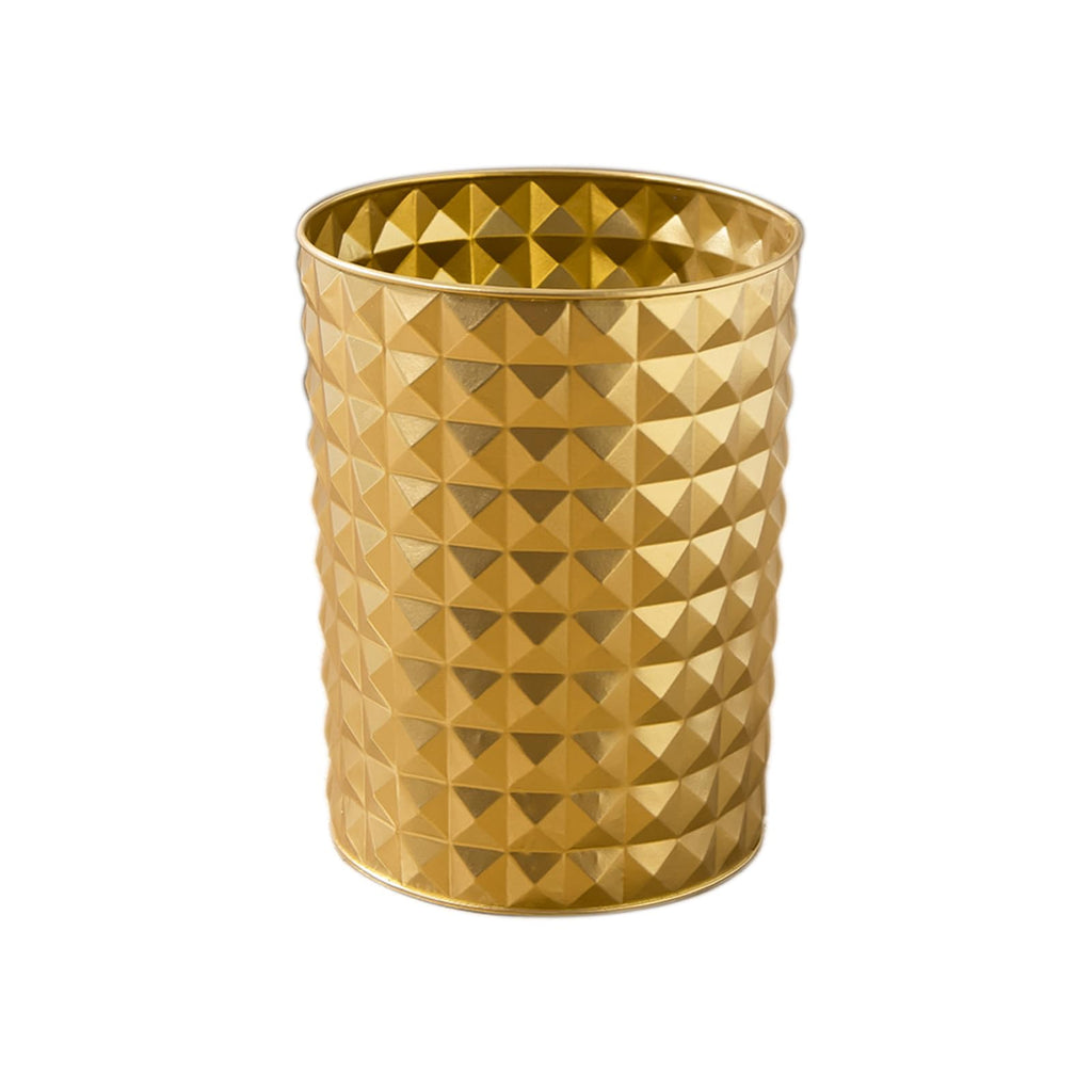 Venalys Small Round Metal Trash Can Wastebasket, Decorative Diamond Pattern Garbage Can Waste Paper Bin, Modern Farmhouse Round Trash Bin for Bathroom, Bedroom, Kitchen and Office (Gold)