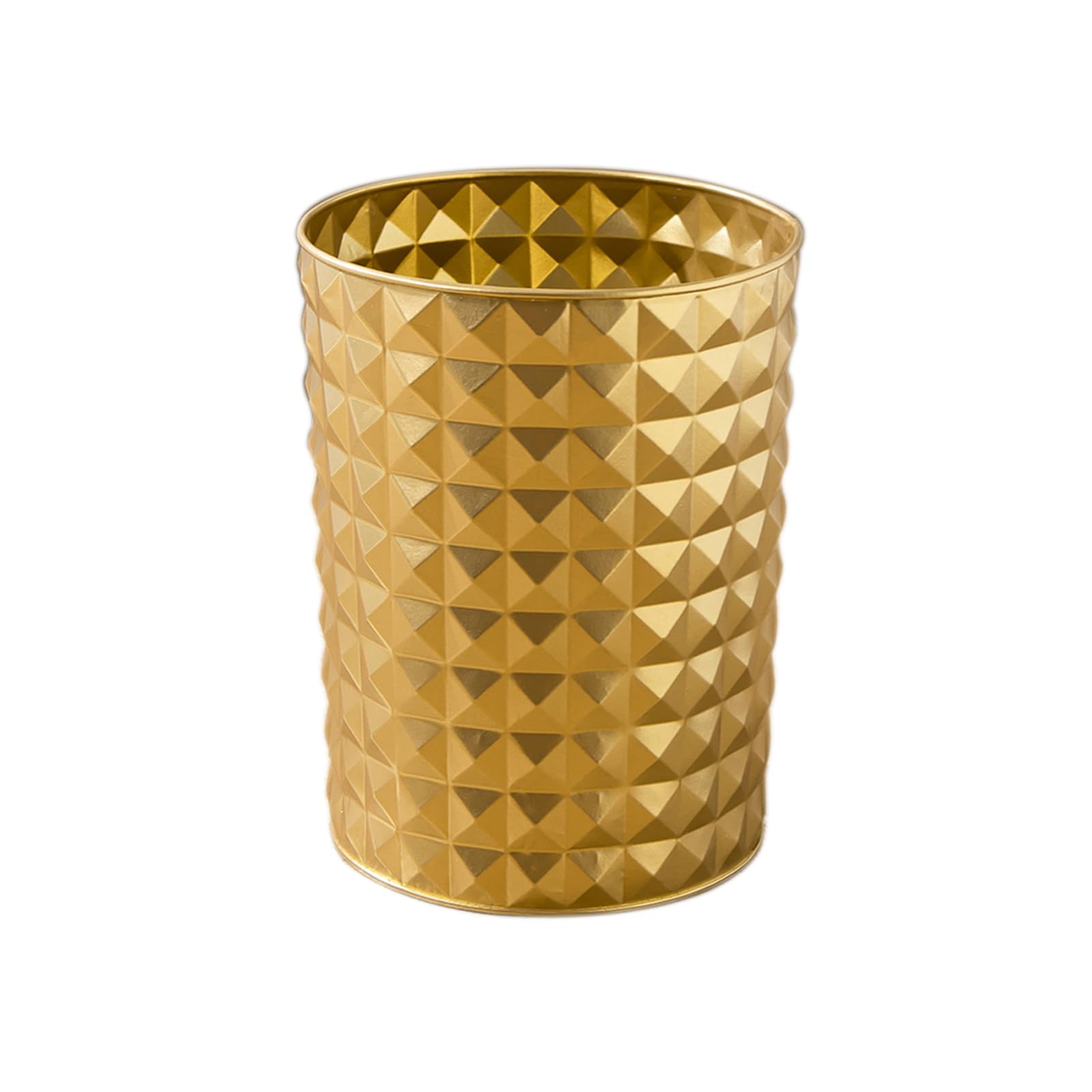 Venalys Small Round Metal Trash Can Wastebasket, Decorative Diamond Pattern Garbage Can Waste Paper Bin, Modern Farmhouse Round Trash Bin for Bathroom, Bedroom, Kitchen and Office (Gold)