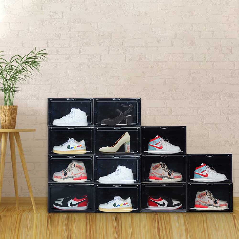 OMOPIN XL clear shoe storage boxes stackable, 8 Pack Large Shoe Boxes Clear Plastic Stackable, Drop side Sneaker Container Fit Size 13 (Black 8 Pack)