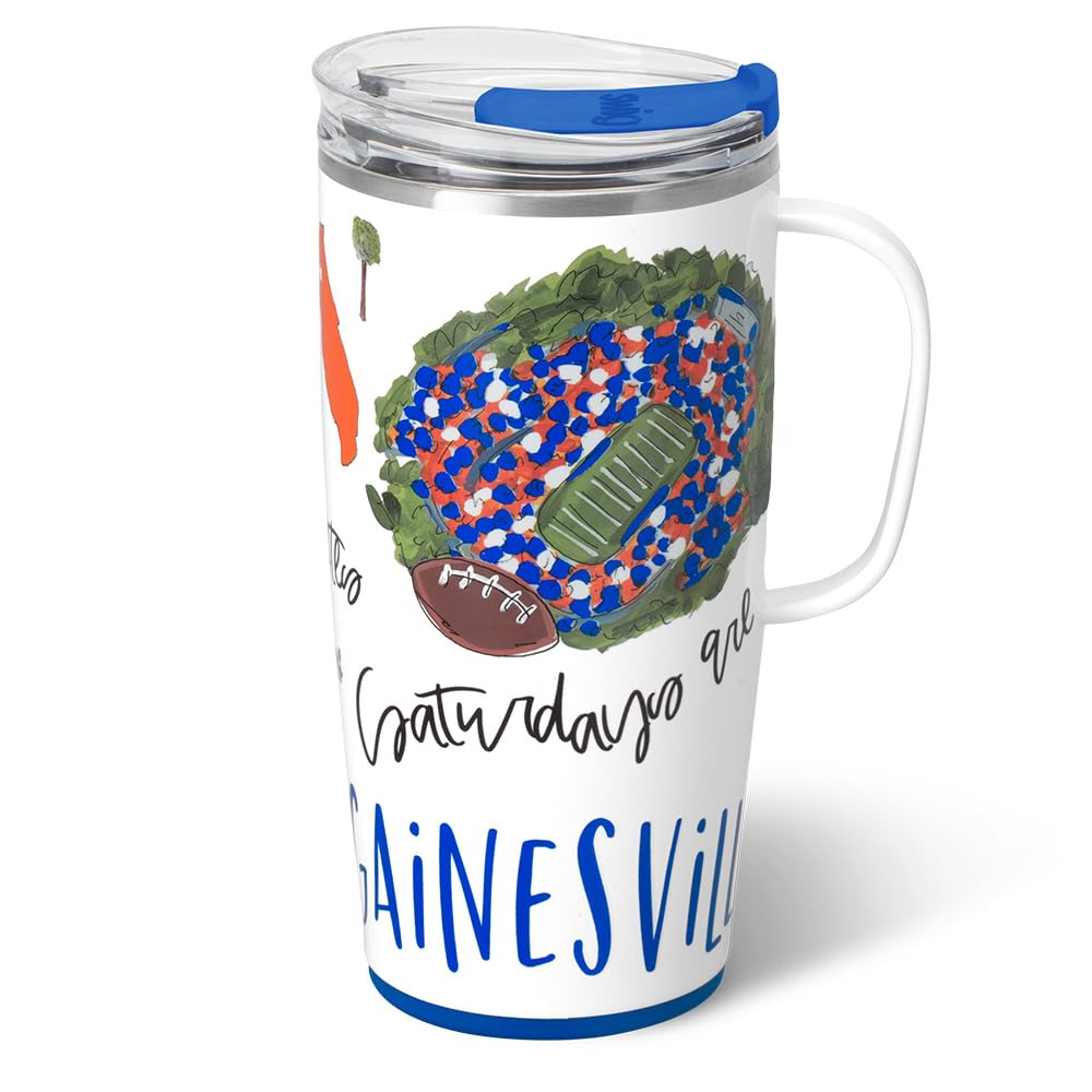 Swig Life 22oz Travel Mug, Insulated Tumbler with Handle and Lid, Travel Coffee Mug, Cup Holder Friendly, Stainless Steel 22 oz Tumbler, Reusable Insulated with Lid (Saturdays in Gainesville)