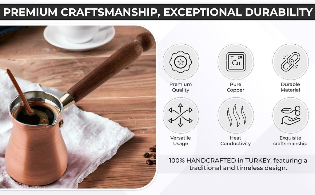 DEMMEX Turkish Coffee Pot – 1mm Thick Brushed Copper Cezve, Ibrik, Briki, Stovetop Greek Arabic Coffee Server, 100% Handmade in Turkey, 15 fl oz, Serves 6