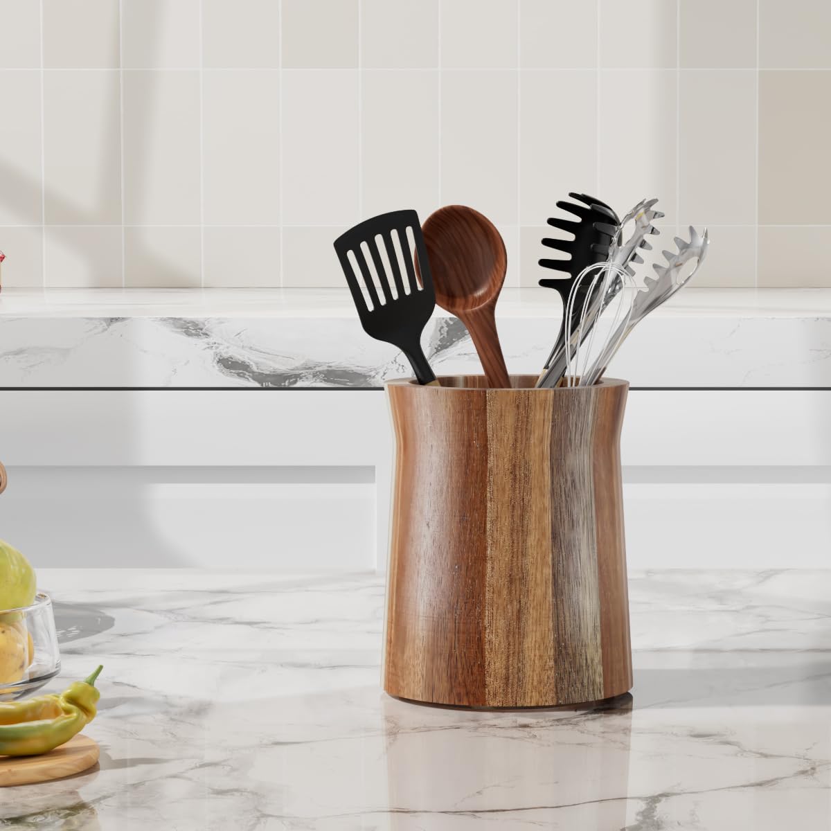 Segtenant Utensil Holder, Acacia Wood Utensil Holder for Kitchen Counter, 360° Rotating Cooking Utensil Crocks for Countertop, 7.2" Large Utensil Organizer for Spatula Storage
