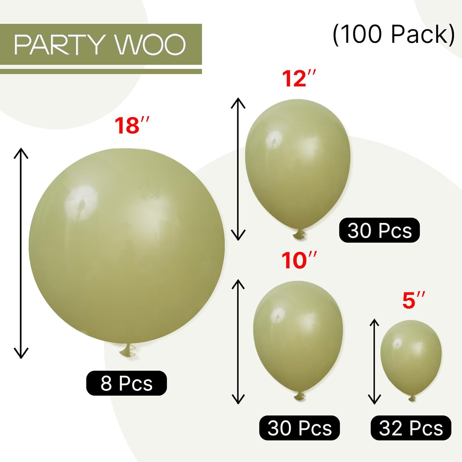 PartyWoo Sage Green Balloons - 100pcs Latex Balloon Arch Kit for Weddings & Birthdays | 5-18 Inch Sizes