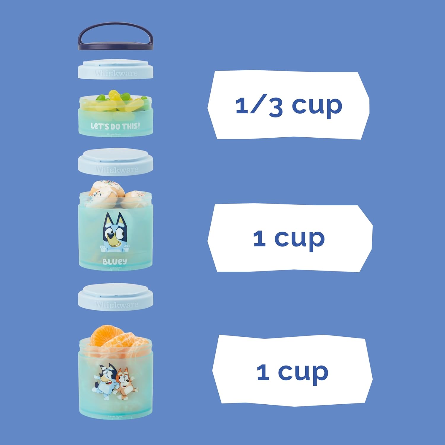 Whiskware Stackable Snack Containers - 3 Cup Set for Kids | Cupholder Friendly, Bluey Design