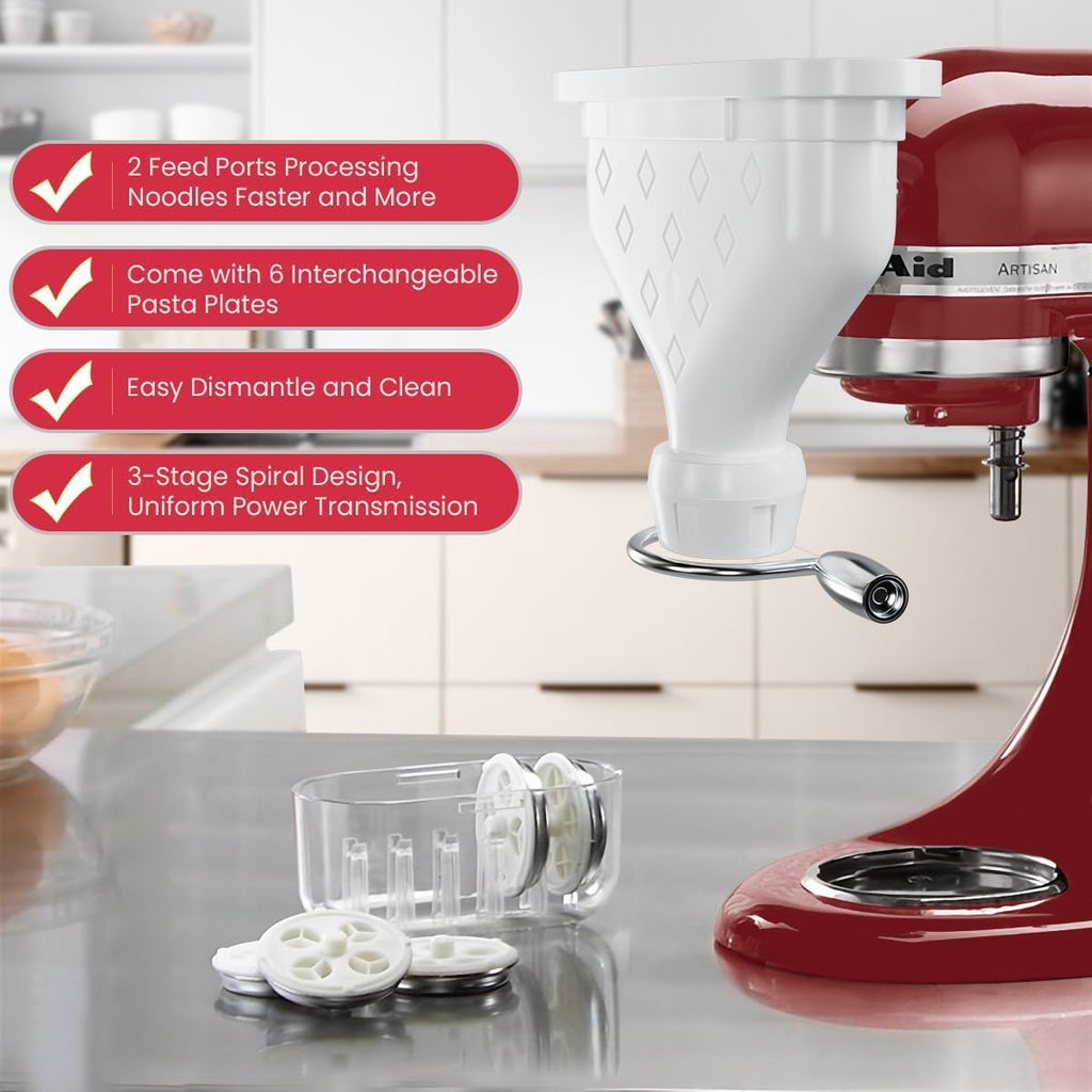 Kainasch 6-Piece Pasta Maker Attachment for KitchenAid Stand Mixer, Heavy Duty Homemade Pasta Press with Dual Feed Ports, Includes 6 Shaping Discs, Dishwasher Safe & Easy Clean Accessories