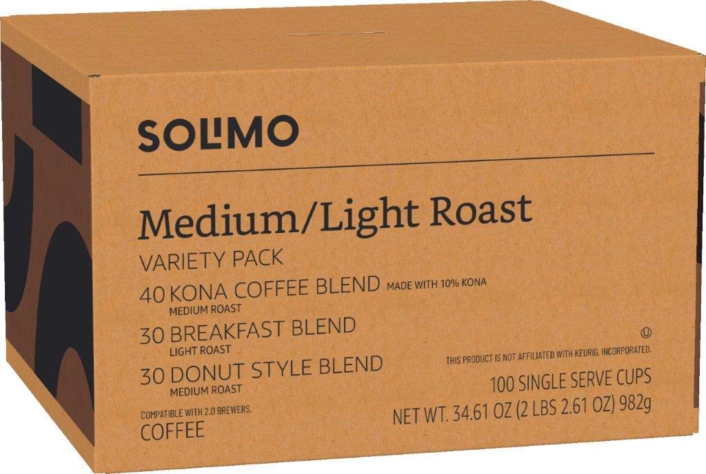 Solimo Coffee Pods Variety Pack - Light & Medium Roast (Kona, Breakfast, Donut) | 100 Count Compatible with Keurig 2.0