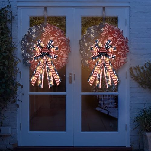 LED 4th of July Bows - Patriotic Burlap Bow with American Flags & Lights | Perfect for Wreaths & Front Door Decor