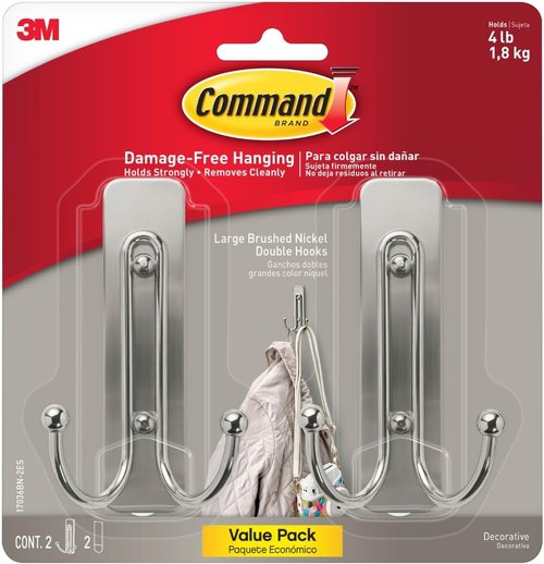 Command Large Brushed Nickel Double Hooks - Damage-Free Adhesive Wall Hooks | Holds Up to 4 lb, 2 Hooks & Strips