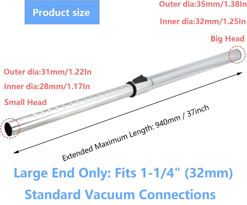 1.25 Inch (32mm) Telescopic Vacuum Extension Wand – Stainless Steel Metal Tube – Compatible with 1-1/4" Vacuum Accessories, Fits Select Shop Vac & Other Standard Vacuums