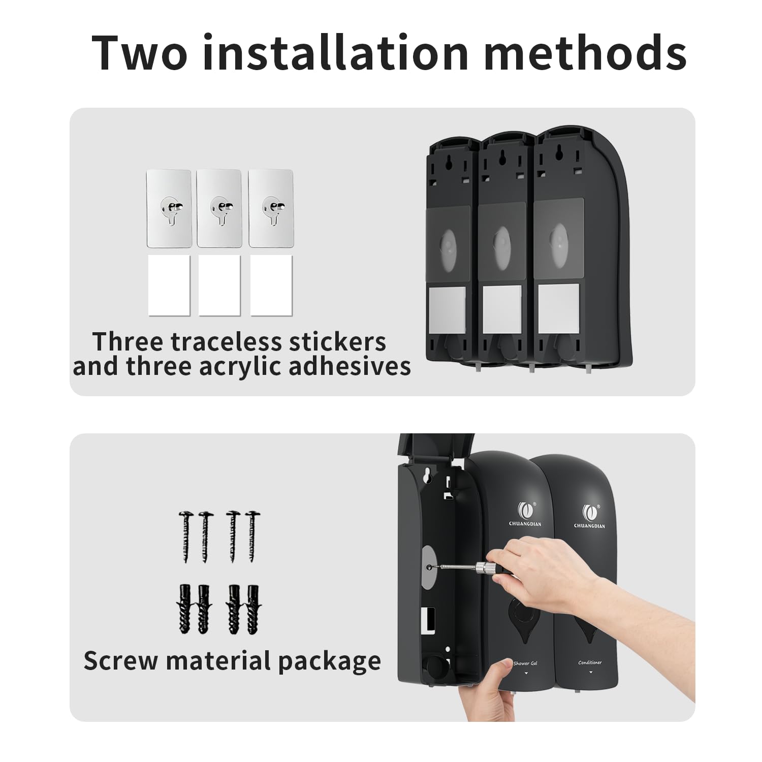 CCITOW Shampoo Conditioner Body Wash Dispenser, Wall-Mounted Bathroom Soap Dispenser Set of 3 (Black), Refillable Shower Soap Shampoo Dispenser for Bathroom,Kitchen,Hotel and Airbnb