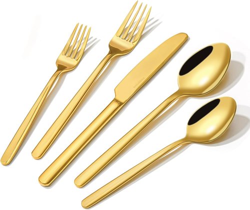 KINGSTONE 20-Piece Gold Silverware Set | 18/10 Stainless Steel, Mirror Polished, Dishwasher Safe for Home & Events