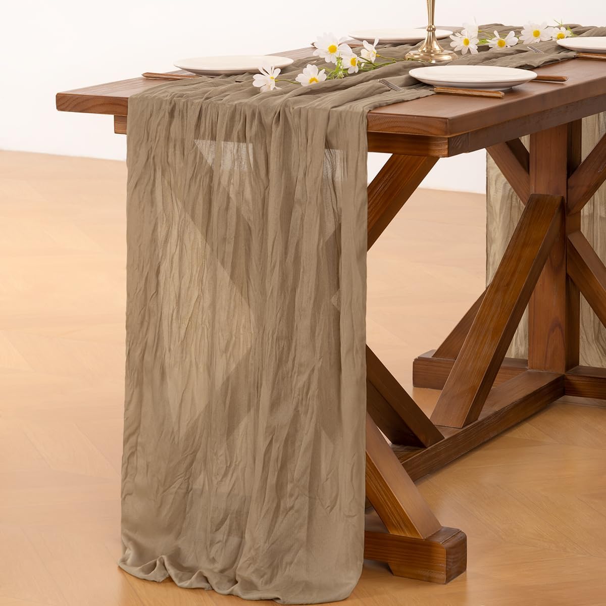 Socomi Cheesecloth Table Runner - 2pcs Nude Brown Boho Rustic 120 Inch for Weddings & Events