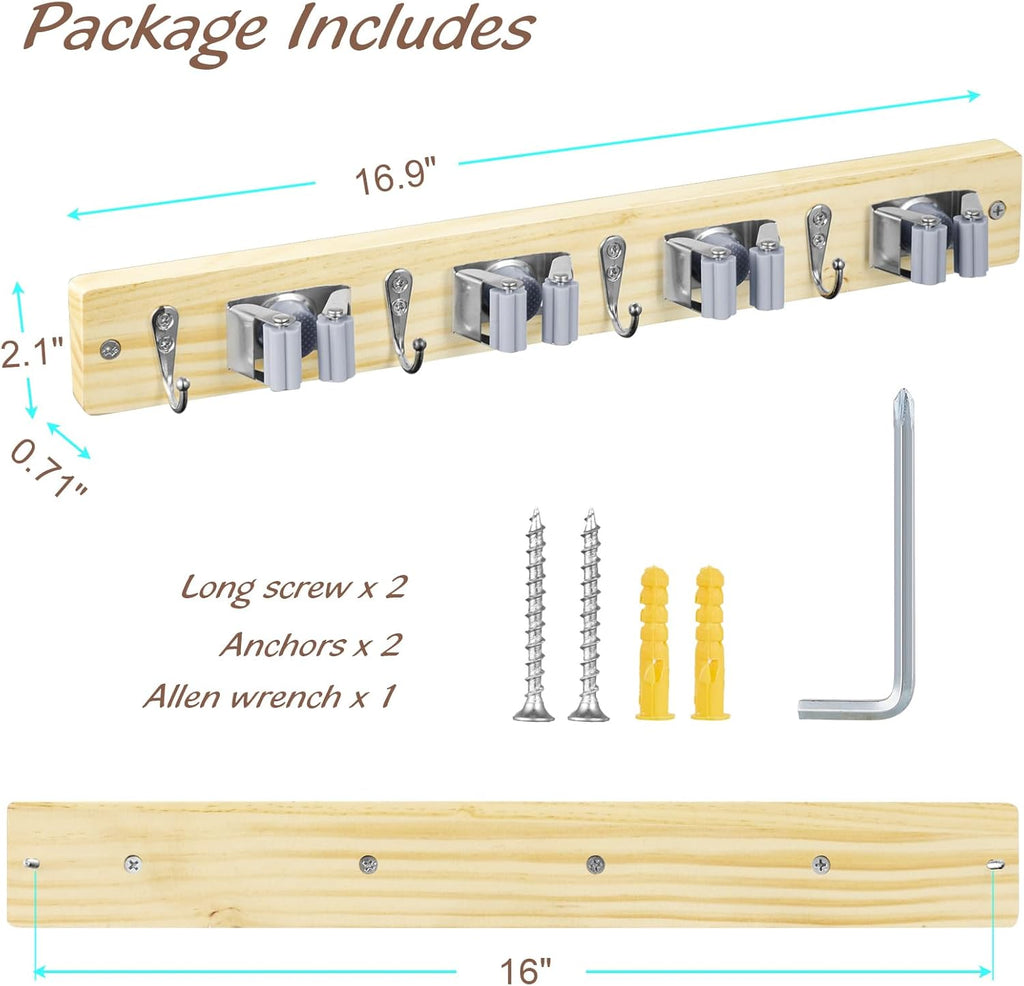 OUTNILI Mop and Broom Holder Wall Mount - Light Wood Organizer with 4 Slots & Hooks for Garage, Closet, Kitchen