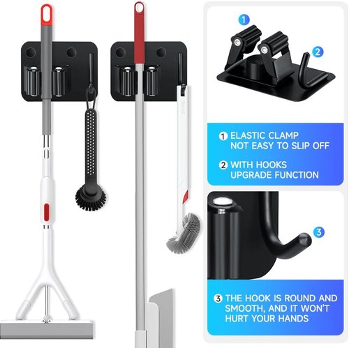 JAMEND Broom Holder - Heavy Duty Stainless Steel Mop Hanger | 2-Pack Wall Mount Utility Rack in Matte Black