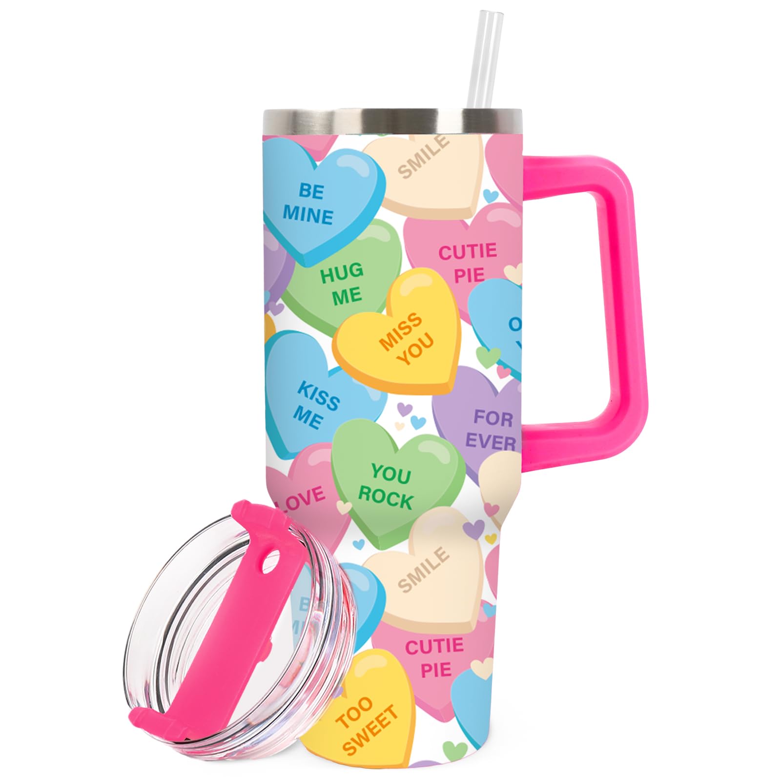 JarThenaAMCS Valentine's Day Tumbler with Lid Straw Stainless Steel Cup 40oz Colorful Conversation Heart Tumbler with Handle for Home Office Travel