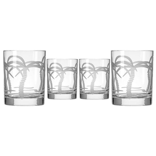 Rolf Glass Palm Tree Double Old Fashioned Glass 13 ounces | Engraved Whiskey Glasses | Lead-Free Tumbler Glass | Proudly Made in the USA (Set of 4)