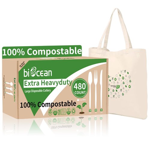 Biocean Extra Heavyduty Compostable Cutlery Set No Plastic Forks Spoons Knives Disposable Utensils Biodegradable Fork Eco Friendly Silverware Serving Flatware for Party,BBQ,Daily Use,Events,Picnic