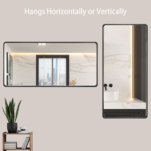LOAAO Black Metal Framed Bathroom Mirror - 60x28 Inch Rounded Rectangle, Anti-Rust, Versatile Hanging Options