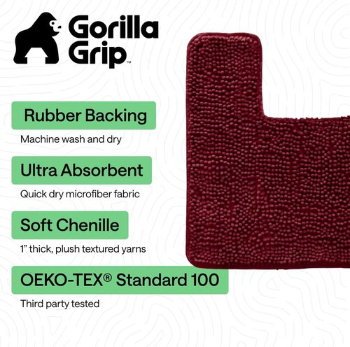 GORILLA GRIP Plush Chenille Bath Rug Mat - Soft Microfiber for Square Toilet Base | Machine Washable, Burgundy