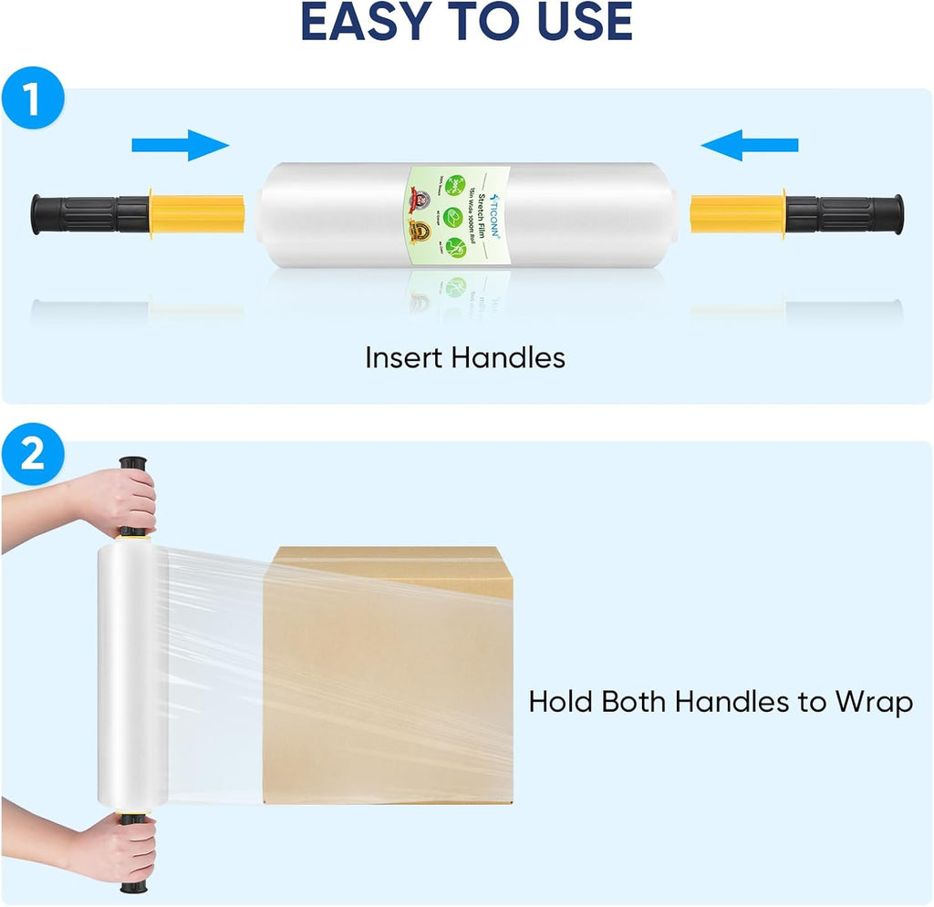 TICONN Stretch Wrap - 1000ft Industrial Strength Clear Plastic Film Roll with Handles | 15 Inch Wide for Pallet Wrapping