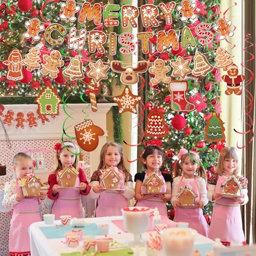 Gingerbread Christmas Decorations Set - Merry Christmas Banner & Hanging Swirls