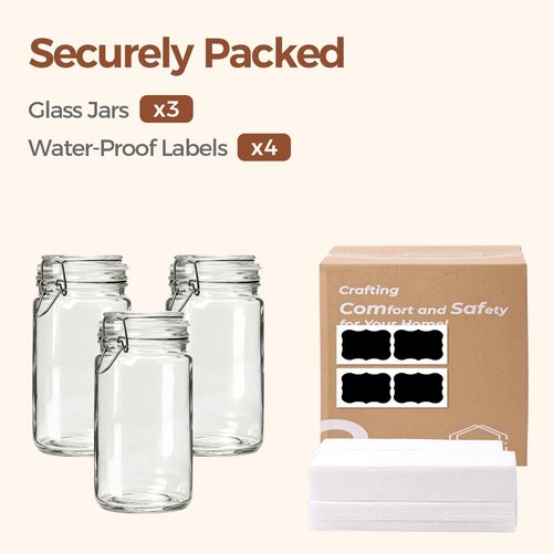 ComSaf Glass Jars with Airtight Lid Set of 3, Mason Jars 34 oz, Pickling Jar, Canning Jar 34oz, 34 oz Glass Containers with Lids for Kitchen, Pickle, Flour, Cereal, Pasta, Sugar, Herb