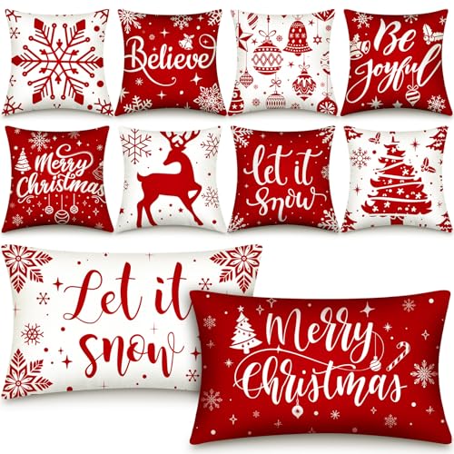 Red Christmas Snowflake Pillow Covers Set - Holiday Decor, 10 Pcs, Winter Snowflake Design