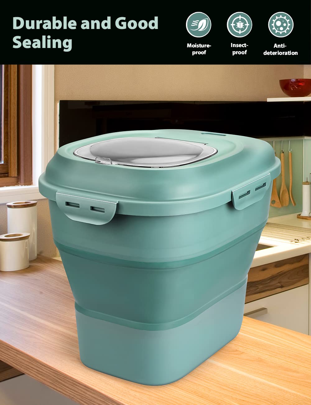 Viretec Cereal Rice Storage Containers, 20 to 50Lbs Collapsible Dry Food Dispenser Bins with Airtight Flip Lid Rolling Wheel, Kitchen Pantry to Store Sugar Flour, Dog Pet Cat Food Holder Container