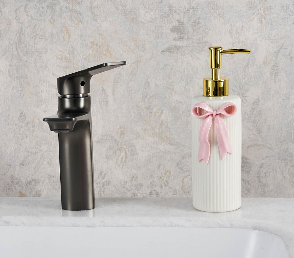 NEWHENGS Handmade Ceramic Bow Soap Pump Dispenser Hand Lotion Liquid Dispenser Refillable for Kitchen and Bathroom Decorative (Ribbon Pink)