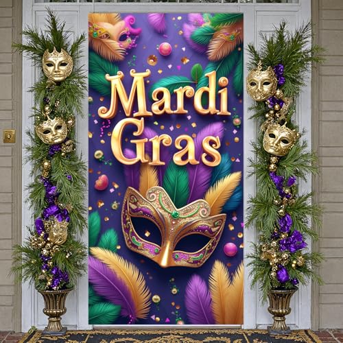 Mardi Gras Door Cover Banner - Purple Mask Fat Tuesday Decor