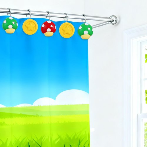 CTOHN 12PCS Mushroom Coin Shower Curtain Hooks Rings, Red Green Yellow Decorative Shower Hangers for Bathroom Decor