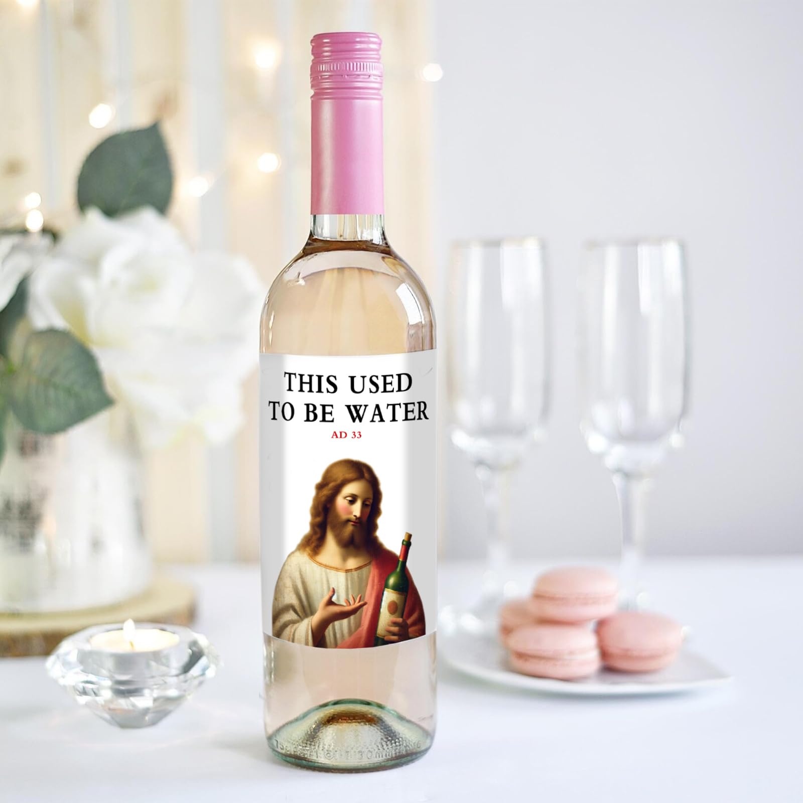 2pcs Funny Wine Bottle Labels – "This Used to Be Water" –Gag Gift, Novelty Wine Stickers for Easter, Birthday Parties, White Elephant Gift