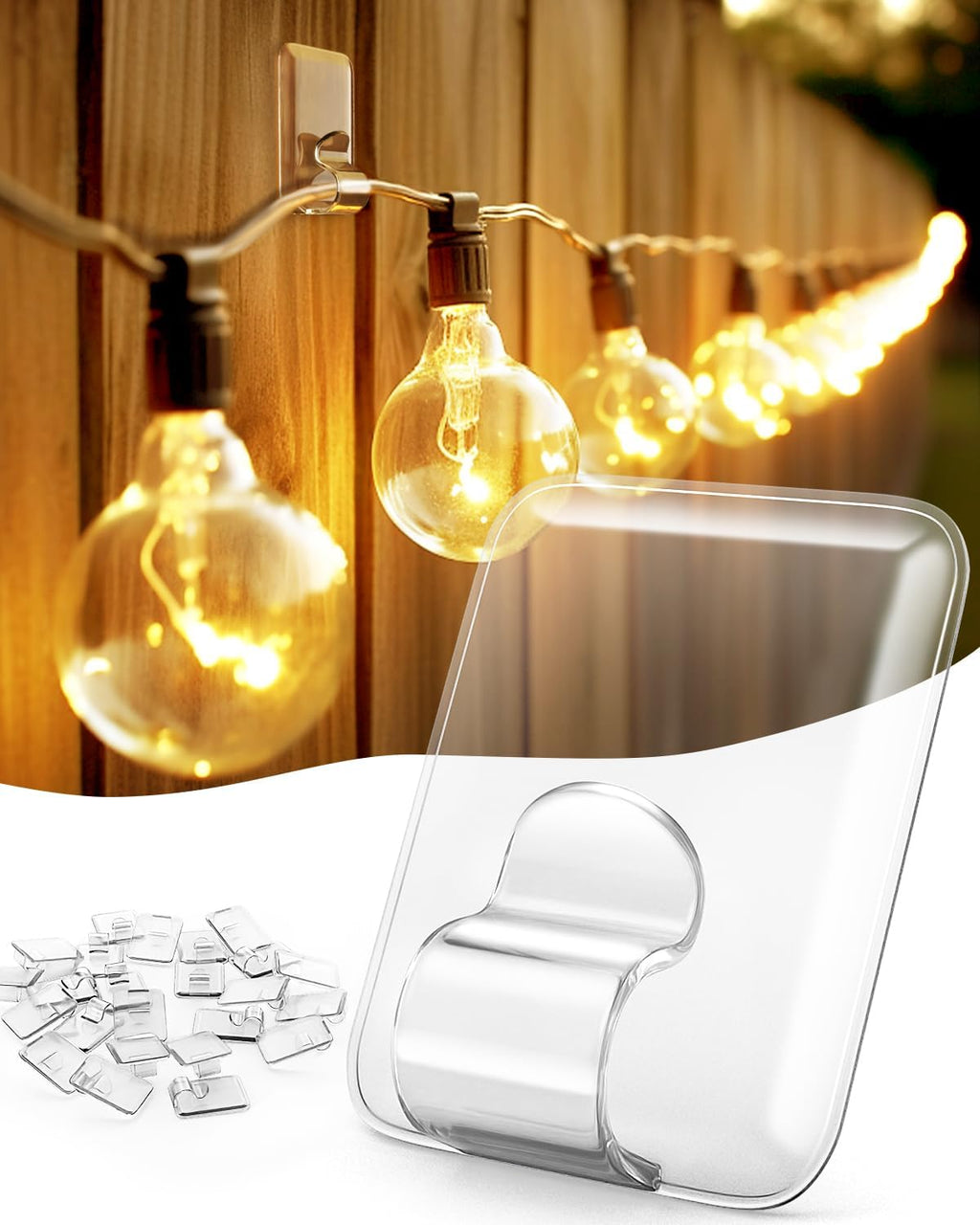 LZC Outdoor String Light Clips - 20 Pack Heavy-Duty Waterproof Adhesive Holders | Clear Rectangle Design