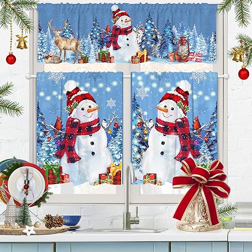 Christmas Snowman Kitchen Curtains Set - Blue, 54"W x 36"L, Pack of 3