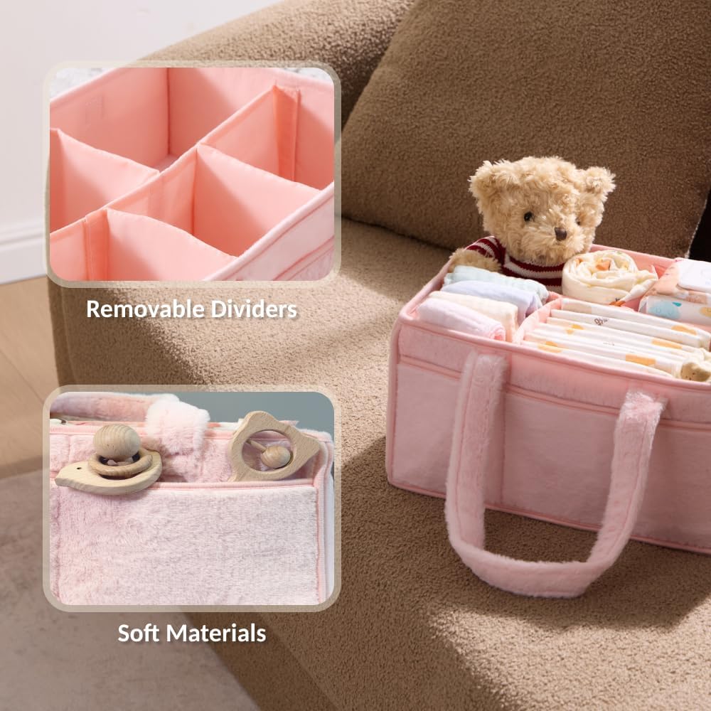 Skiennix Soft Baby Diaper Caddy Organizer - Portable Nursery Storage Basket with Removable Divider | Light Pink