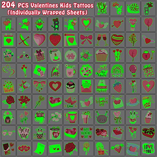 Glow Valentine's Day Temporary Tattoos for Kids Classroom Favors (204 Sheets)