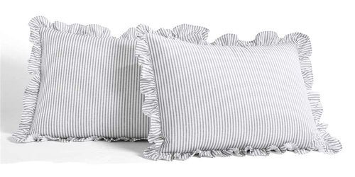 Lush Decor Ticking Stripe Bedspread Queen Size 3 Piece Set Gray - Ruffle Bedding Set Queen Bedspreads - Striped Bedding - Farmhouse & Coquette Decor