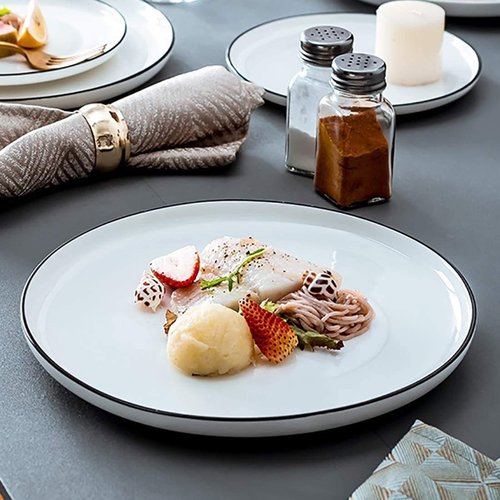 BonNoces 10 Inch Porcelain Dinner Plates, Elegant White with Black Edges Design, Classic Round Serving Plates Set for Steak, Pasta, and Salad, Set of 6
