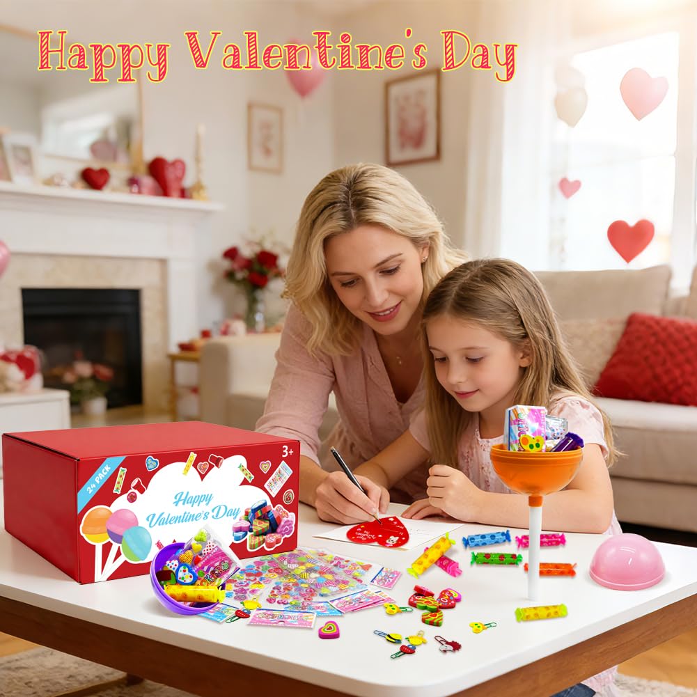 WODMAZ 24 Pack Lollipop-Shaped Stationery Set with Cards Highlighters Stickers Erasers Paperclips for Classroom Gifts Exchange, Easter Stationery Gifts, Goodies Bag Prizes