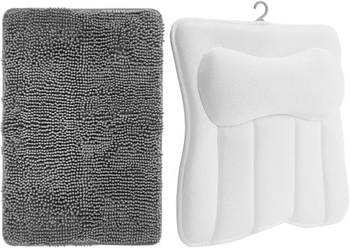 GORILLA GRIP Bath Rug Mat & Mesh Bath Pillow Bundle - Soft Absorbent Chenille, Gray 24x17 & White 16.5x16.1