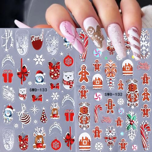 Christmas Nail Stickers 5D Embossed Winter Snowman Gingerbread Decals 2 Sheets