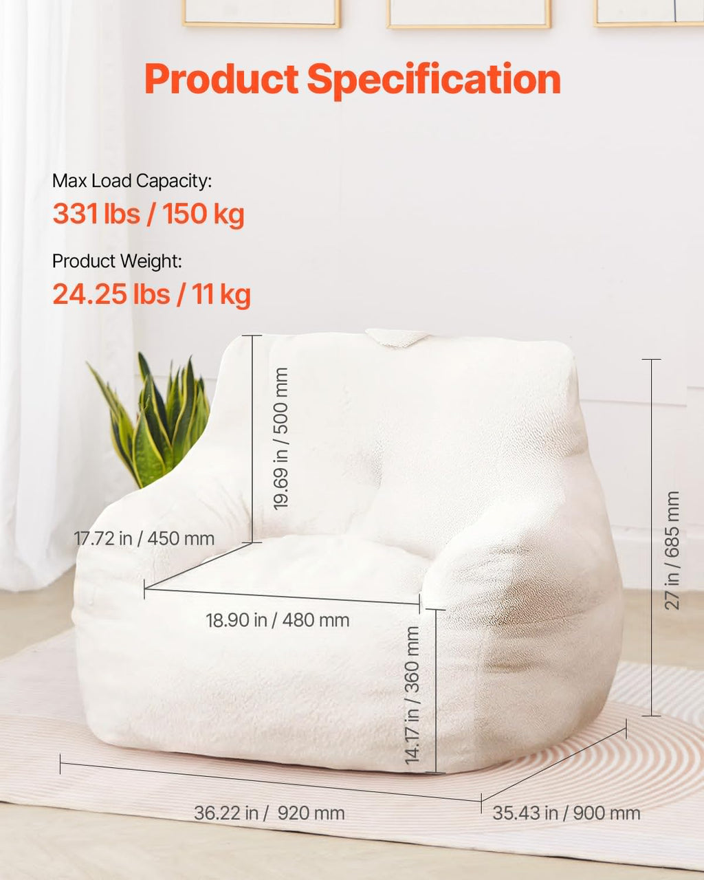 VEVOR Bean Bag Chair, 3 feet Bean Bag Chair with Soft Armrests and Storage Pocket, 25D Memory Foam Filled with Soft Teddy Velvet Cover, Bean Bag for Bedroom or Playroom, White