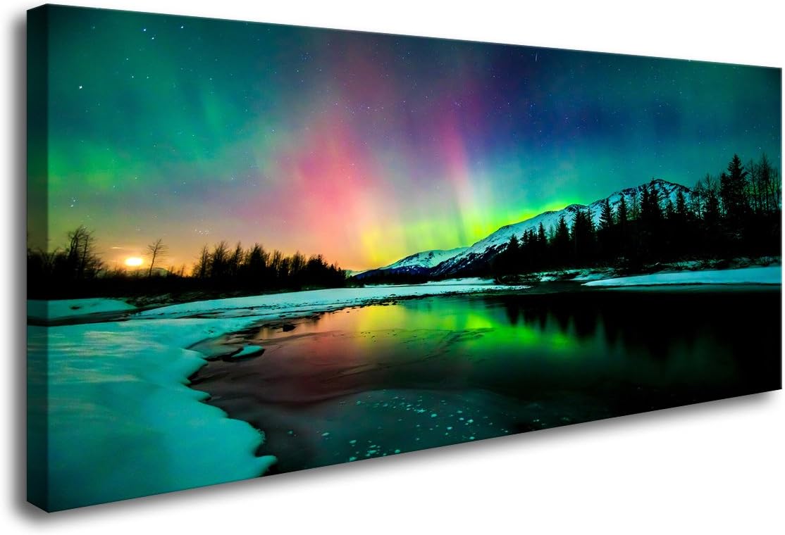 Skiennix Wall Art - Aurora Scenery Canvas Painting | Stretched & Framed, Ready to Hang for Home Decor