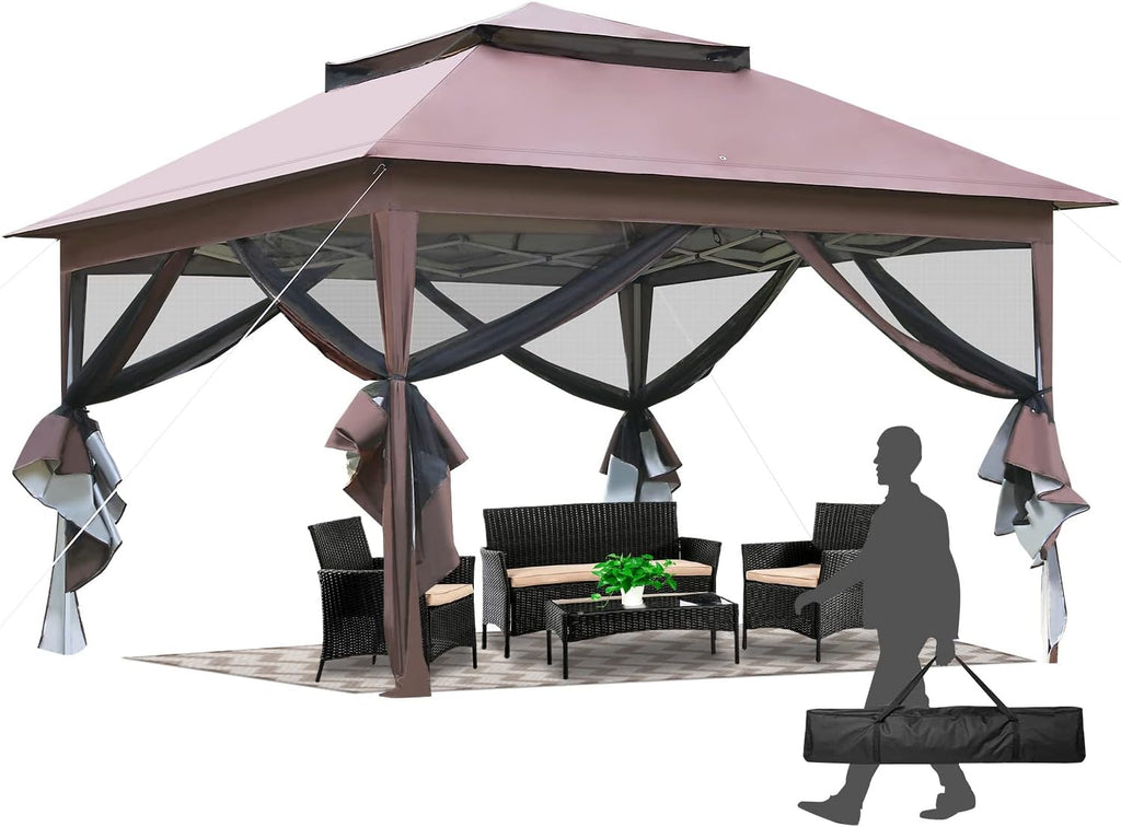 Skiennix 10'x10' Pop-Up Gazebo - Outdoor Patio Canopy with Mosquito Netting & Double Roof, Brown