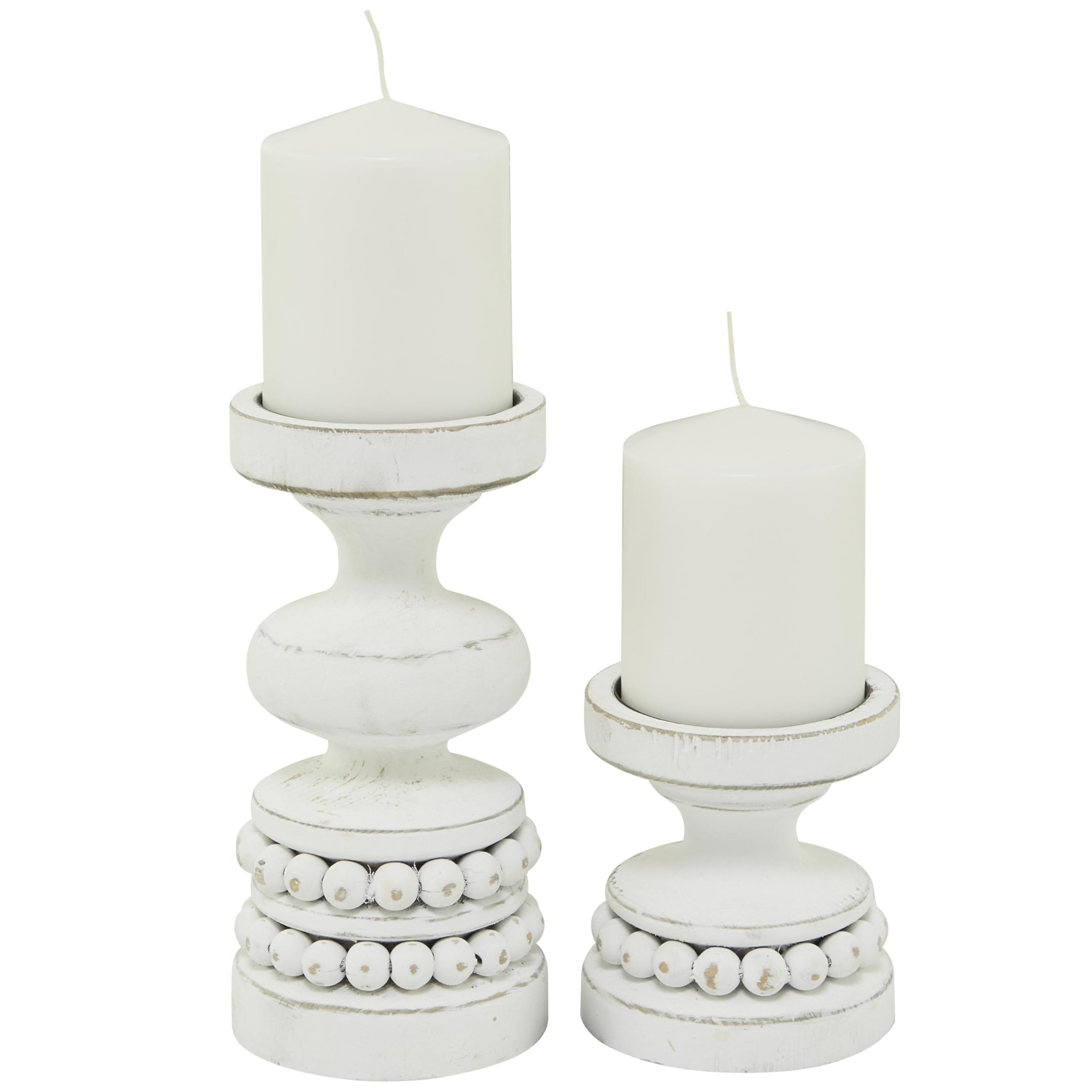 Deco 79 Wood Decorative Candle Holder Beaded Pillar Candle Stand, Set of 2 Candlestick Holder 8", 4"H, White